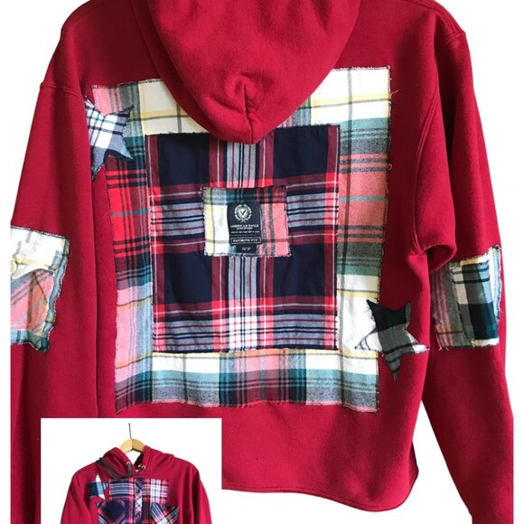 Upcycled Patchwork Hoodie, Size Medium: Red Plaid, Star Appliqués, Grunge Style - Picture 13 of 13